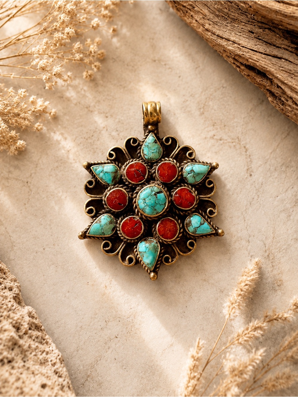 Turquoise & Coral Starburst Pendant Necklace - Women Jewelry Set in 925 Silver
